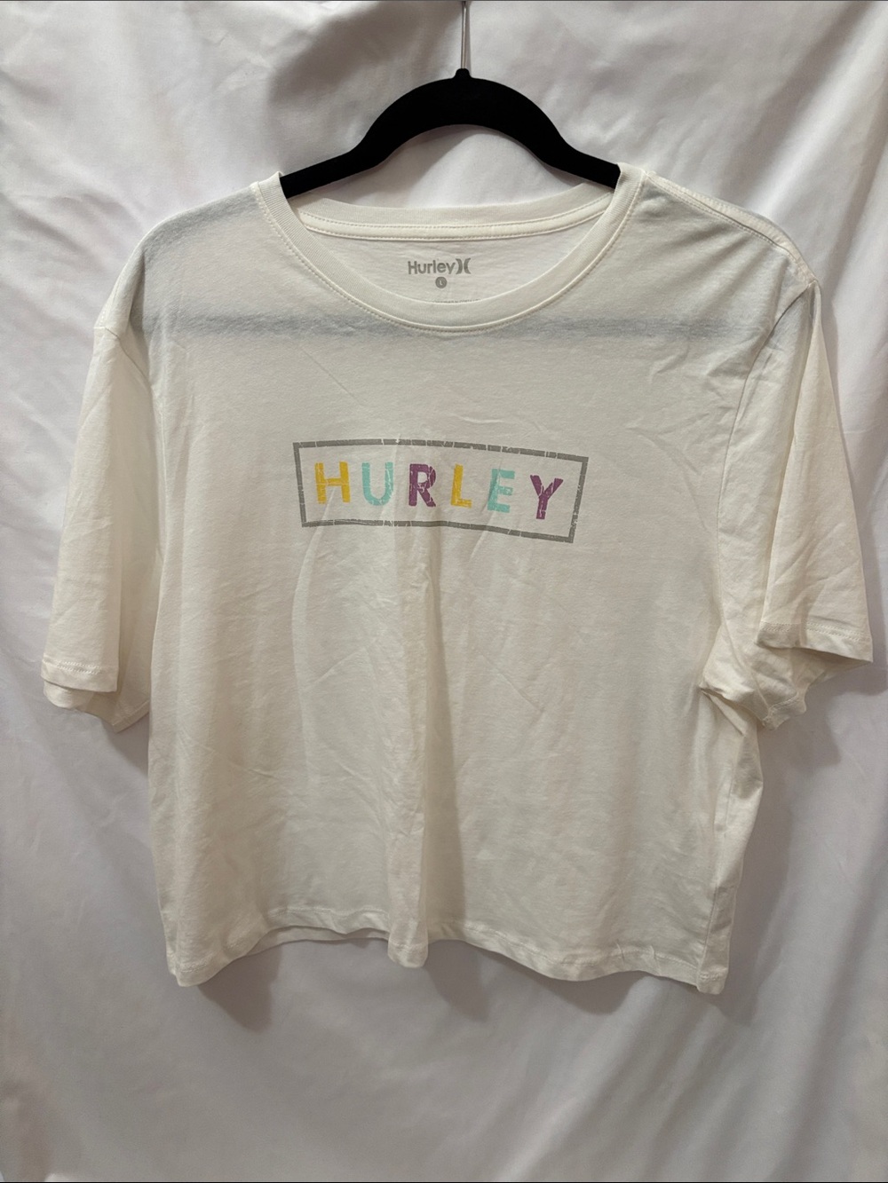 Hurley Cream Cropped Tee with Rainbow Letter Logo